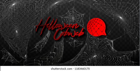 Collection of Cobweb, isolated on black, transparent background. Spiderweb for Halloween design. 