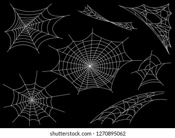 Collection of Cobweb, isolated on black, transparent background. Spiderweb for Halloween design. Spider web elements,spooky, scary, horror halloween decor. Hand drawn silhouette, vector illustration