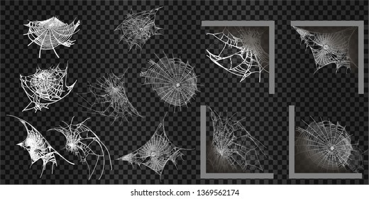 Collection of Cobweb, isolated on black, transparent background. Spiderweb for Halloween design. Spider web elements,spooky, scary, horror halloween decor. Hand drawn silhouette, vector illustration