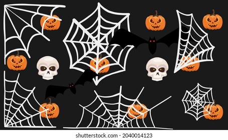 Collection of Cobweb, isolated on black, transparent background. Spider web elements, spooky, scary, horror Halloween decor. Hand drawn, vector illustration