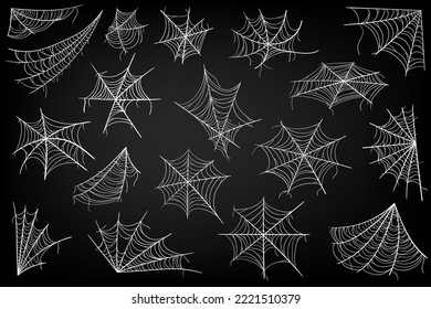 Collection of Cobweb, isolated on black, transparent background. Spiderweb for Halloween design. Spooky Halloween cobwebs with spiders.