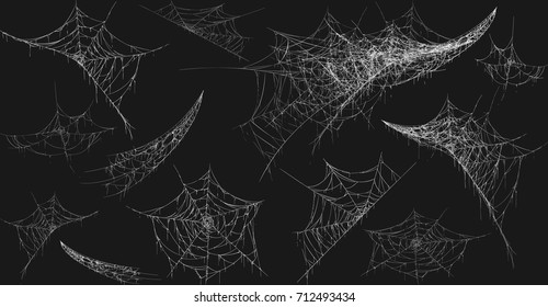 Collection of Cobweb, isolated on black, transparent background. Spiderweb for Halloween design. Spider web elements,spooky, scary, horror halloween decor. Hand drawn silhouette, vector illustration