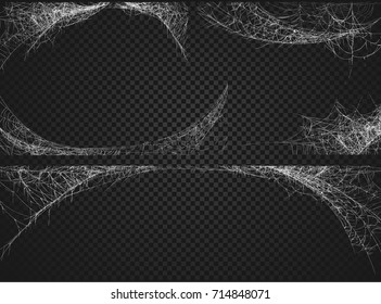 Коллекция Cobweb, изолированная на черном, прозрачном фоне. Паутина для дизайна Хэллоуина.