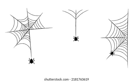 A collection of cobwebs for decorating a Halloween party. Frightening elements for decoration. A hand-drawn web, a web with a hanging spider. Isolated vector