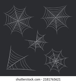 Collection of cobwebs for Halloween party decoration. Frightening elements for decoration on a dark background. A hand-drawn spider web. Isolated vector elements