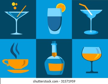 collection of cocktail glasses and the bottle