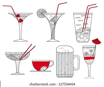 Collection of Cocktail Glasses, Cup of Coffee and Glass of Beer - vector illustration