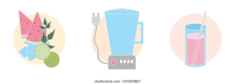 Collection of cocktail preparation. Watermelon, ice, lime and mint. Blender and glass of shake with straw. Isolated objects on a white. Vector illustration. Colored icons.