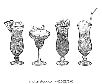 A collection of cocktails. Alcoholic cocktails. Refreshing summer drinks. Stylized drinks in glasses. Bar. Menu. Line art. Black and white drawing by hand. Set.