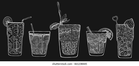 A collection of cocktails. Alcoholic cocktails. Refreshing summer drinks. Stylized drinks in glasses. Bar. Menu. Line art. Set. Tattoo. Doodle. Zentangle. Chalk board. Drawing with chalk.