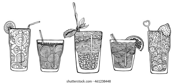 A collection of cocktails. Alcoholic cocktails. Refreshing summer drinks. Stylized drinks in glasses. Bar. Menu. Line art. Black and white drawing by hand. Set. Tattoo. Doodle. Zentangle.