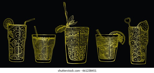 A collection of cocktails. Alcoholic cocktails. Refreshing summer drinks. Stylized drinks in glasses. Bar. Menu. Line art. Black and white drawing by hand. Set. Tattoo. Doodle. Zentangle.