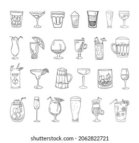 Collection of cocktails in sketch style. Hand drawings in art ink style. Black and white graphics.