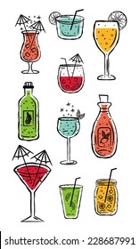 Collection of cocktails, wine and glasses on white background