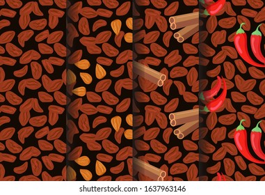 Collection of cocoa beans background textures for chocolate wrapping paper. Almonds, cinnamon, red chili pepper taste illustration. Repeating dark background for textile, wallpaper, sale, blog, card.