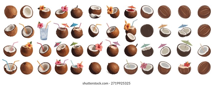 Una colección de ilustraciones de coco con cocos enteros, cocos en rodajas y bebidas tropicales con paraguas y flores de colores. Perfecto para el verano, tropical, y diseños de bebidas.