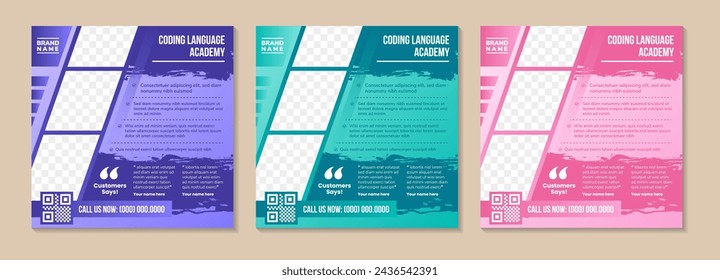 colección de lenguaje de codificación plantilla de diseño de banner cuadrado. espacio diagonal para collage de fotos. promoción de afiches de educación en redes sociales.