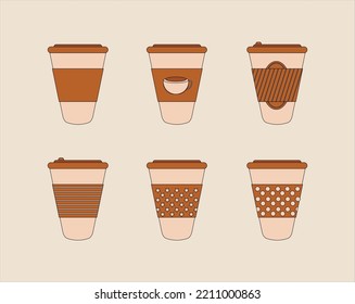 Collection of Coffe Cup Takeaway Brown Color Vector 