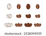 collection of coffee bean icons in outline, flat and outline filled styles