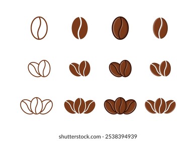 collection of coffee bean icons in outline, flat and outline filled styles