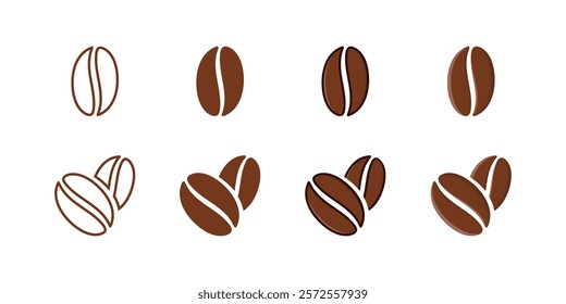 A collection of coffee bean icons in outline, flat fill and outline fill styles on a white isolated background