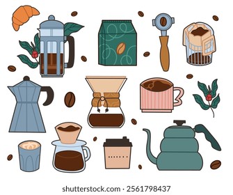 Collection of Coffee Brewing Tools with Beans and Accessories