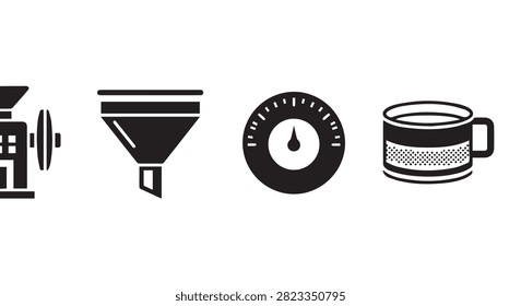 Collection of coffee brewing tools including grinder, filter, timer, and mug, essential for making and serving fresh coffee beverages.