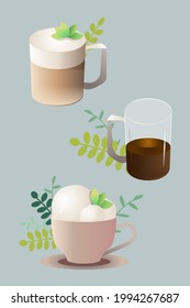 Collection of coffee, cappuccino, latte, mocha, glasse cups and plants on background. Editable vector illustration