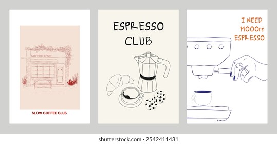 Collection of Coffee Club posters. Coffee aesthetic illustration. Editable vector illustration.