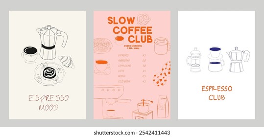 Collection of Coffee Club posters. Coffee aesthetic illustration. Editable vector illustration.