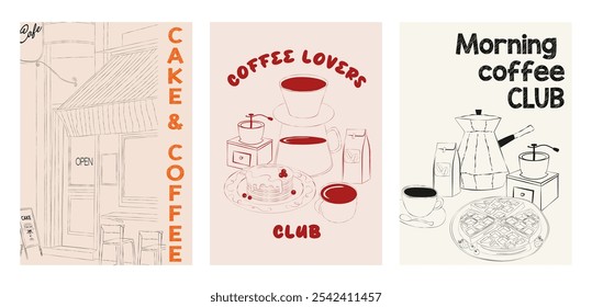 Coleção de posters do Coffee Club. Ilustração estética do café. Ilustração vetorial editável.