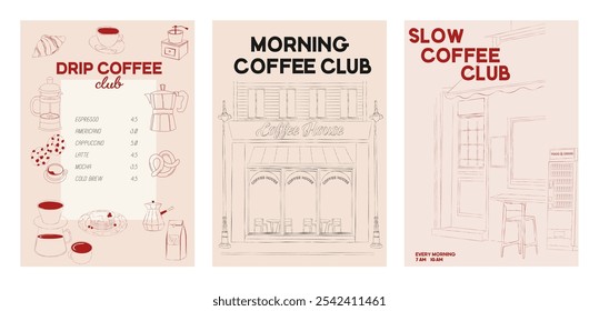 Colección de carteles de Coffee Club. Ilustración estética de café. Ilustración vectorial editable.