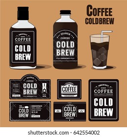 Collection of coffee cold brew labels in bottles and glass