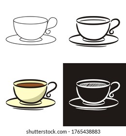 A collection of coffee cup in different styles: doodle, contour, chalk. Sets of Hand-drawn cup of coffee. Vector illustration for  cafe, restaurant, menu.