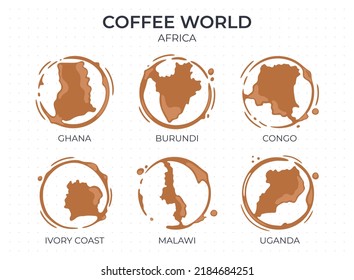 Collection of coffee cup round stains shaped like a coffee origin countries, producers and exporters from Africa