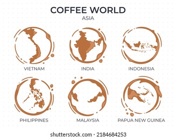 Collection of coffee cup round stains shaped like a coffee origin countries, producers and exporters from Asia