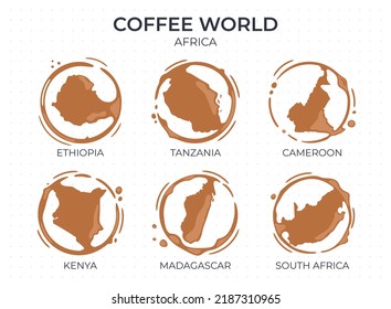 Collection of coffee cup round stains shaped like a coffee origin countries, producers and exporters from Africa