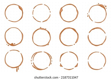 Collection of coffee cup round stains of simple shapes. Tablecloth dirty mark of coffee, tea or cocoa
