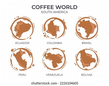 Collection of coffee cup round stains shaped like a coffee origin countries, producers and exporters from South America. 