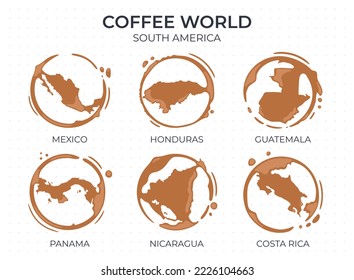 Collection of coffee cup round stains shaped like a coffee origin countries, producers and exporters from South America. 