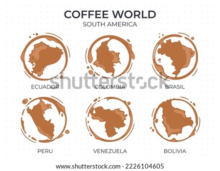 Collection of coffee cup round stains shaped like a coffee origin countries, producers and exporters from South America. 