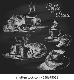 Collection of coffee cups with croissants on chalkboard (blackboard), vintage illustration, engraved retro style, hand drawn, sketch, menu design