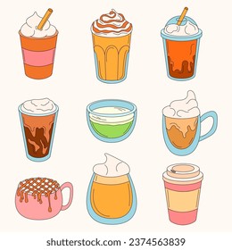 Collection of coffee cups in doodle style. Set of cartoon mugs with beverages. Vector isolated illustration.