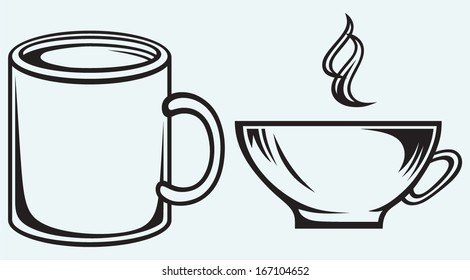 Collection coffee cups  isolated on blue background