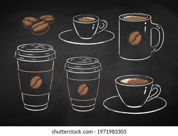 Collection of coffee cups isolated on black chalkboard background. Vector chalk drawn sideview grunge illustrations.