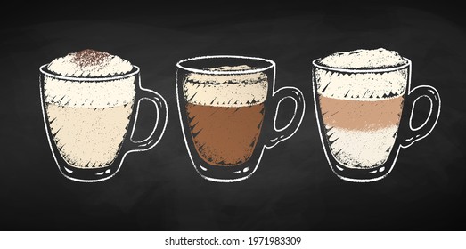 Collection of coffee cups isolated on black chalkboard background. Vector chalk drawn sideview grunge illustrations.