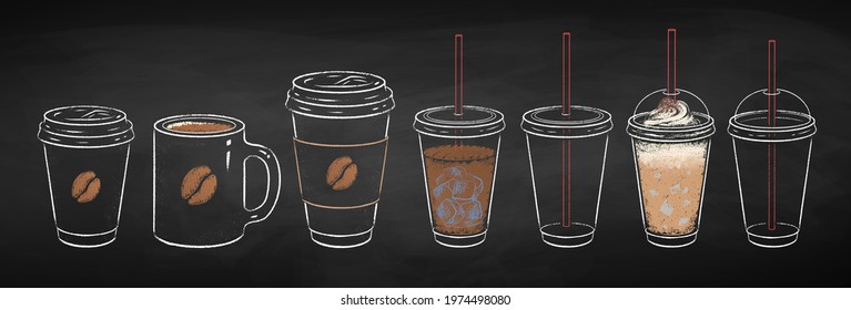 Collection of coffee cups isolated on black chalkboard background. Vector chalk drawn sideview grunge illustrations.