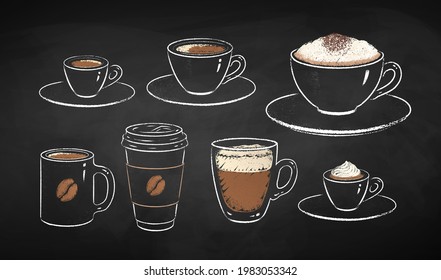 Collection of coffee cups isolated on black chalkboard background. Vector chalk drawn sideview grunge illustrations.