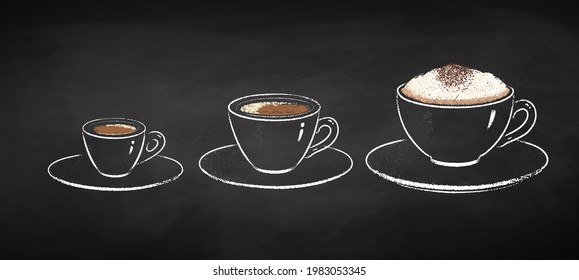 Collection of coffee cups isolated on black chalkboard background. Vector chalk drawn sideview grunge illustrations.