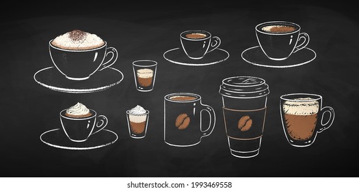 Collection of coffee cups isolated on black chalkboard background. Vector chalk drawn sideview grunge illustrations.